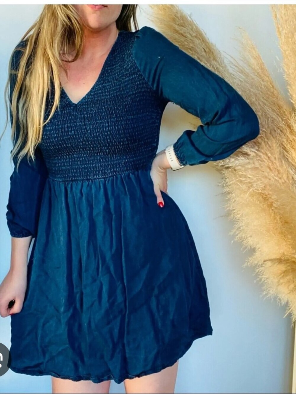 Old Navy Denim Long-Sleeve Fit & Flare Smocked Dress Size Womens Medium